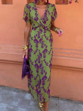Printed Plunge Short Sleeve Midi Dress OutfitFlow